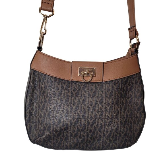 Jones New York Brown Signature Monogram Vinyl Crossbody Shoulder Bag W/Adj strap - Picture 8 of 12